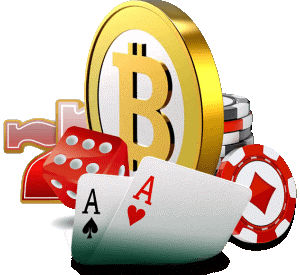 bitcoin symbol with dice chips and cards